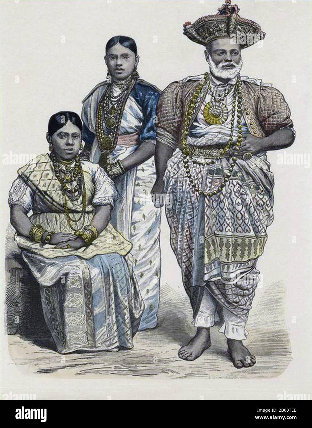 Sri Lanka: Wood engraving of Sinhalese chiefs or Radala, Kandy, 1880.  In 1592 Kandy became the capital city of the last remaining independent kingdom in Sri Lanka after the coastal regions had been conquered by the Portuguese. Kandy stayed independent until the early 19th century. In the Second Kandyan War, the British met no resistance and reached the city on February 10, 1815. On March 2, 1815, a treaty known as the Kandyan Convention was signed between the British and the Radalas (Kandyan aristocrats); Kandy recognized the King of England as its King and became a British protectorate. Stock Photo
