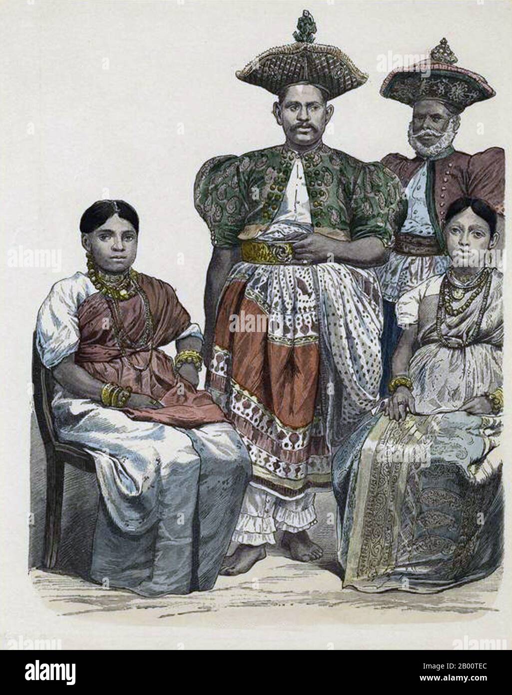 Sri Lanka: Wood engraving of Sinhalese chiefs or Radala, Kandy, 1880.  In 1592 Kandy became the capital city of the last remaining independent kingdom in Sri Lanka after the coastal regions had been conquered by the Portuguese. Kandy stayed independent until the early 19th century. In the Second Kandyan War, the British met no resistance and reached the city on February 10, 1815. On March 2, 1815, a treaty known as the Kandyan Convention was signed between the British and the Radalas (Kandyan aristocrats); Kandy recognized the King of England as its King and became a British protectorate. Stock Photo