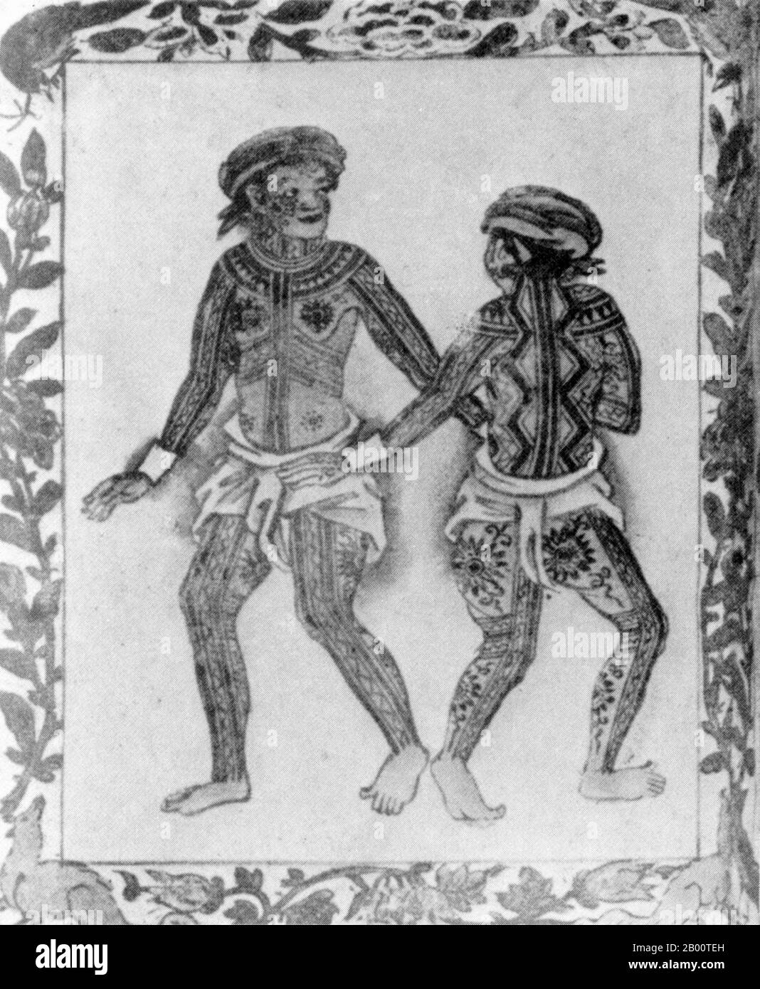 Philippines: An image dated to around 1590 depicting two tattooed persons in the Visayan Islands.  Body tattooing was an important rite of passage for men in the Visayas and was often related to head-hunting or heroism. At festivals, wrestlers wore loincloths to expose their tattoos making them appear more fierce and entreating protection from the spirit world. The first Europeans in the Philippines referred to the Visayans as ‘Los Pintados’, meaning ‘The Painted Ones’. Stock Photo