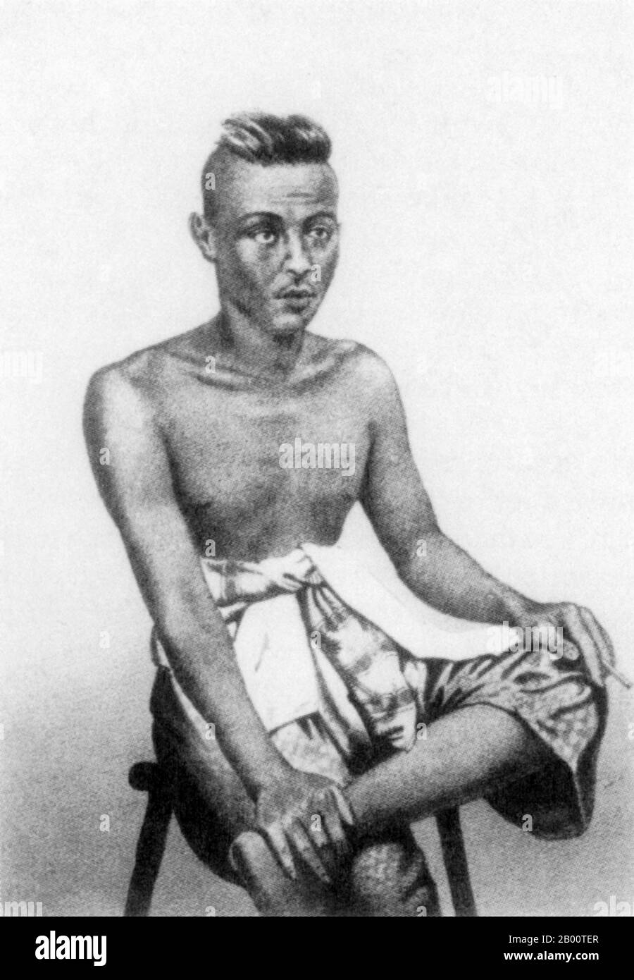 Thailand: A pencil sketch from the mid-19th century of a Siamese official. Drawing by M. & N. Hanhart (1839-1888).  In this drawing, the official or courtier sports the traditional hairstyle of the times.  The Siamese, or Thais, moved from their ancestral home in southern China into mainland Southeast Asia around the 10th century CE. Prior to this, Indianized kingdoms such as the Mon, Khmer and Malay kingdoms ruled the region. The Thais established their own states starting with Sukhothai, Chiang Saen, Chiang Mai and Lanna Kingdom, before the founding of the Ayutthaya kingdom. Stock Photo