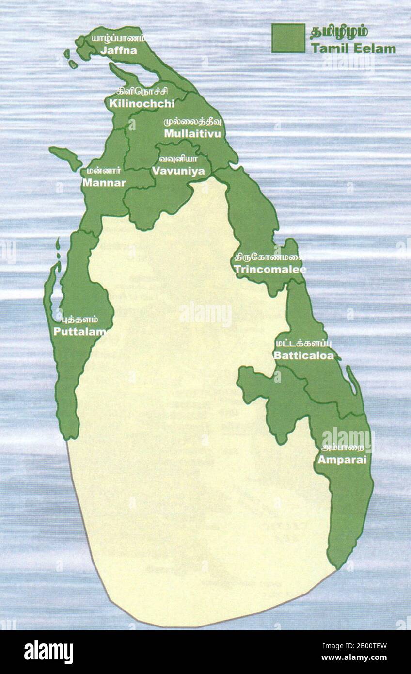 Sri Lanka: LTTE map showing the notional frontiers of 'Tamil Eelam'.  The Liberation Tigers of Tamil Eelam, commonly known as the LTTE or the Tamil Tigers, is a separatist organization formerly based in northern Sri Lanka.  Founded in May 1976 by Velupillai Prabhakaran, it waged a violent secessionist campaign that sought to create Tamil Eelam, an independent state in the north and east of Sri Lanka. This campaign evolved into the Sri Lankan Civil War, which was one of the longest running armed conflicts in Asia until the LTTE was defeated by the Sri Lankan Armed Forces in May 2009. Stock Photo