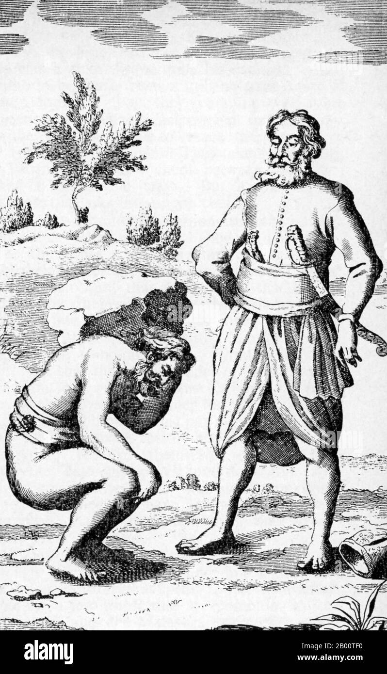 Sri Lanka:' The manner of extorting their fine'. Illustration by Robert Knox (1641-1720), 1681.  'An Historical Relation of the Island Ceylon...since my Deliverance out of Captivity' is a book written by the English trader and sailor Robert Knox in 1681. It describes his experiences some years earlier on the South Asian island now best known as Sri Lanka and provides one of the most important contemporary accounts of 17th century Ceylonese life. Knox spent 19 years on Ceylon as a prisoner of King Rajasimha II. Stock Photo