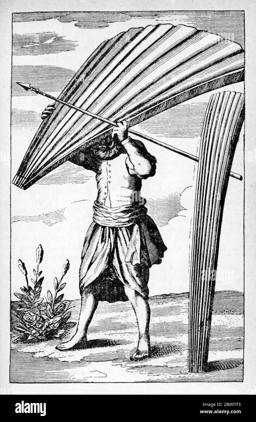 Sri Lanka: 'The manner of sheltering themselves from the rain by talipot palm leaf'. Illustration by Robert Knox (1641-1720), 1681.  'An Historical Relation of the Island Ceylon...since my Deliverance out of Captivity' is a book written by the English trader and sailor Robert Knox in 1681. It describes his experiences some years earlier on the South Asian island now best known as Sri Lanka and provides one of the most important contemporary accounts of 17th century Ceylonese life. Knox spent 19 years on Ceylon as a prisoner of King Rajasimha II. Stock Photo