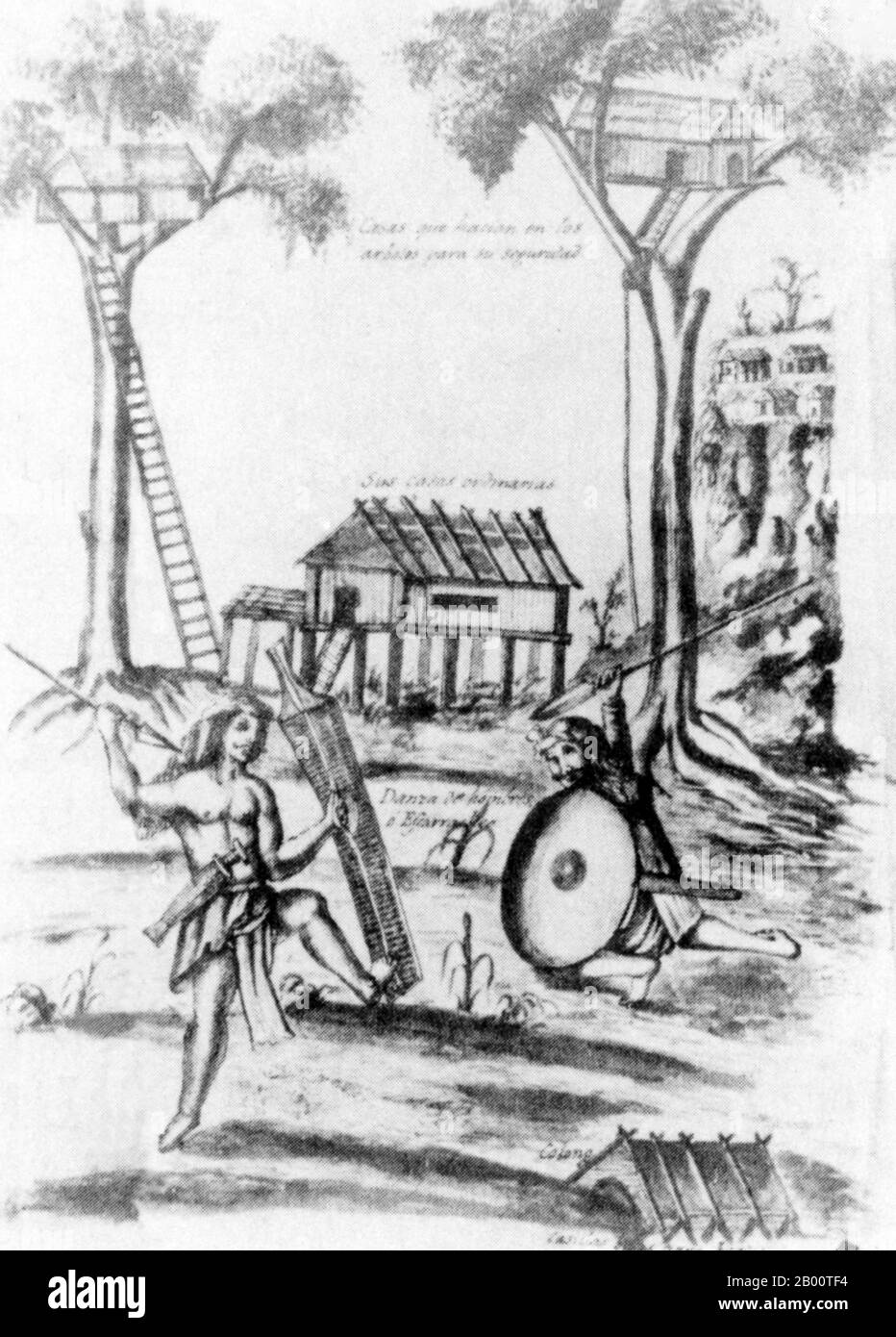 Philippines: Two treehouses, probably used as granaries, stand either side of a rustic Visayan house. Illustration by Francisco Ignacio Alcina (1610-1674), 17th century.  The name ‘Viasayan’ refers to any of several ethnic groups, including Austronesian and Negroid peoples, that inhabit the regions of the Visayas and some parts of Mindanao in the Philippines. Stock Photo