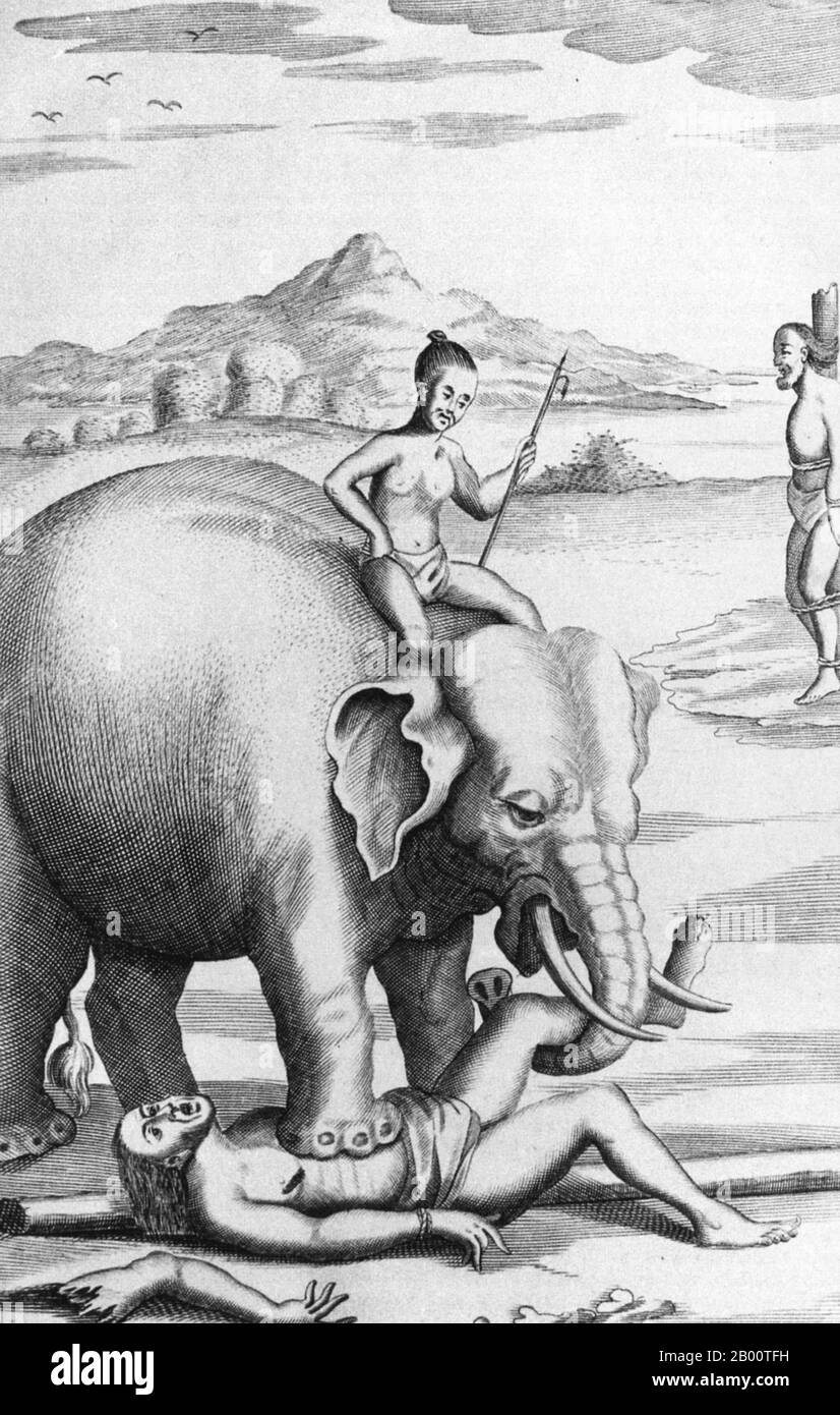 Sri Lanka: 'An execution by elephant. Illustration by Robert Knox (1641-1720), 1681.  'An Historical Relation of the Island Ceylon...since my Deliverance out of Captivity' is a book written by the English trader and sailor Robert Knox in 1681. It describes his experiences some years earlier on the South Asian island now best known as Sri Lanka and provides one of the most important contemporary accounts of 17th century Ceylonese life. Knox spent 19 years on Ceylon as a prisoner of King Rajasimha II. Stock Photo