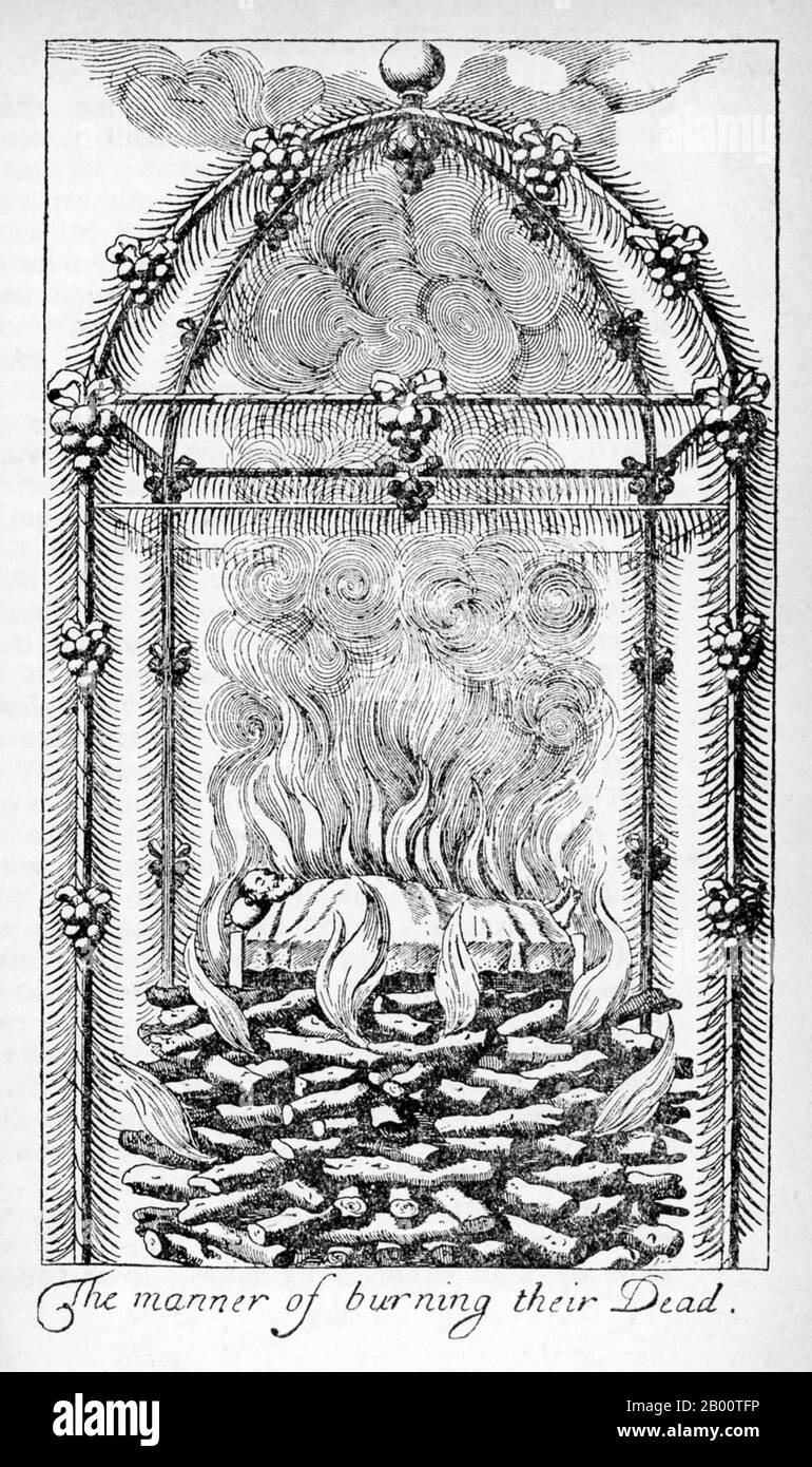 Sri Lanka: 'The manner of burning their dead'. Illustration by Robert Knox (1641-1720), 1681.  'An Historical Relation of the Island Ceylon...since my Deliverance out of Captivity' is a book written by the English trader and sailor Robert Knox in 1681. It describes his experiences some years earlier on the South Asian island now best known as Sri Lanka and provides one of the most important contemporary accounts of 17th century Ceylonese life. Knox spent 19 years on Ceylon as a prisoner of King Rajasimha II. Stock Photo