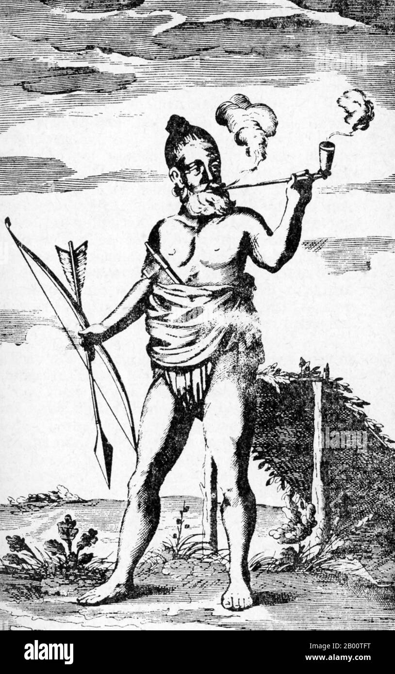 Sri Lanka: 'A Veddha or wild man'. Illustration by Robert Knox (1641-1720), 1681.  'An Historical Relation of the Island Ceylon...since my Deliverance out of Captivity' is a book written by the English trader and sailor Robert Knox in 1681. It describes his experiences some years earlier on the South Asian island now best known as Sri Lanka and provides one of the most important contemporary accounts of 17th century Ceylonese life. Knox spent 19 years on Ceylon as a prisoner of King Rajasimha II. Stock Photo