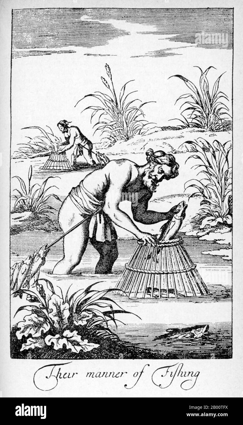 Sri Lanka: 'The manners of their fishing'. Illustration by Robert Knox (1641-1720), 1681.  'An Historical Relation of the Island Ceylon...since my Deliverance out of Captivity' is a book written by the English trader and sailor Robert Knox in 1681. It describes his experiences some years earlier on the South Asian island now best known as Sri Lanka and provides one of the most important contemporary accounts of 17th century Ceylonese life. Knox spent 19 years on Ceylon as a prisoner of King Rajasimha II. Stock Photo