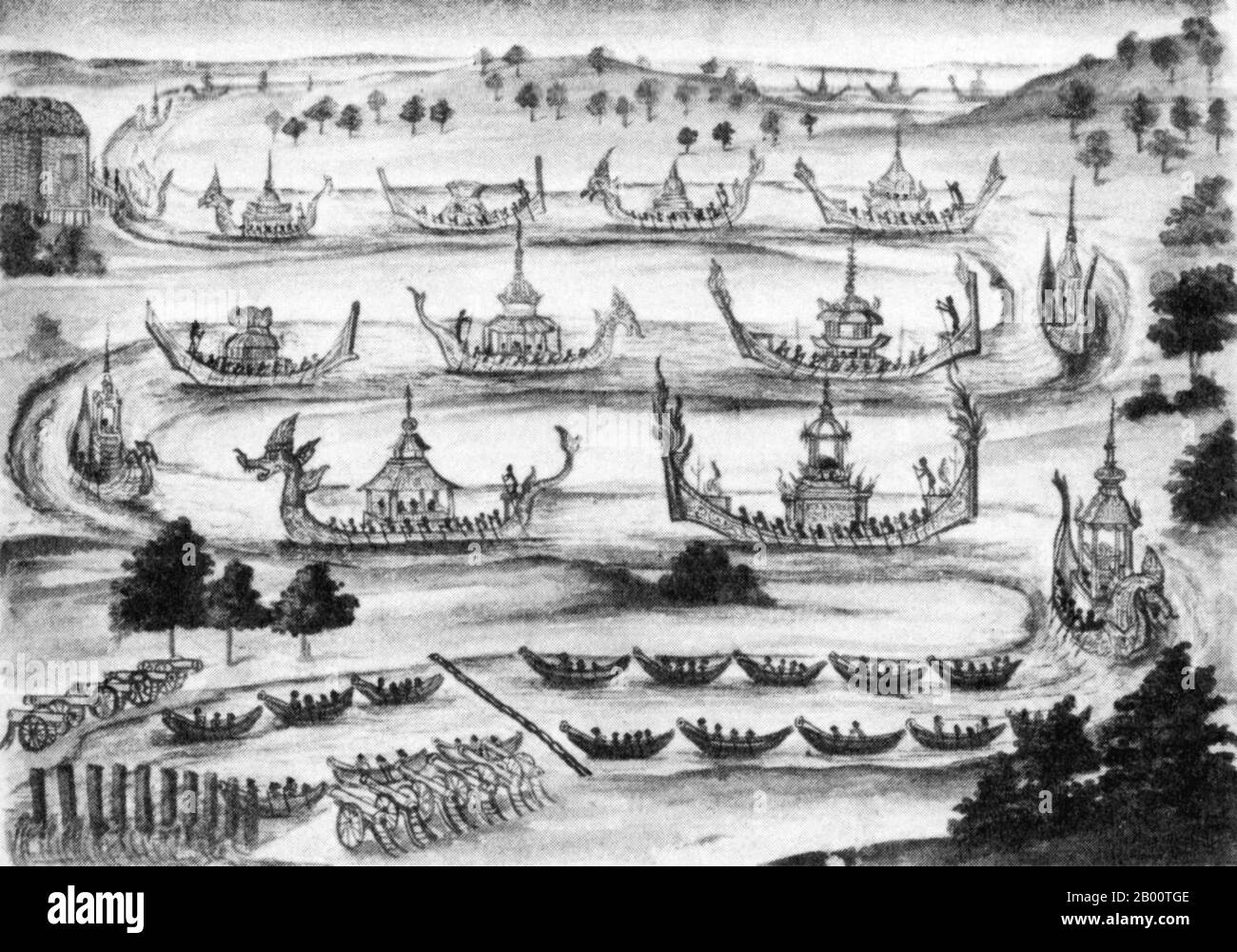 Thailand A Drawing Depicting The Reception Of The French Embassy To Siam In 1685 Twelve Royal Barges Were Dispatched To The Mouth Of The Chao Phraya River To Receive The French Delegation