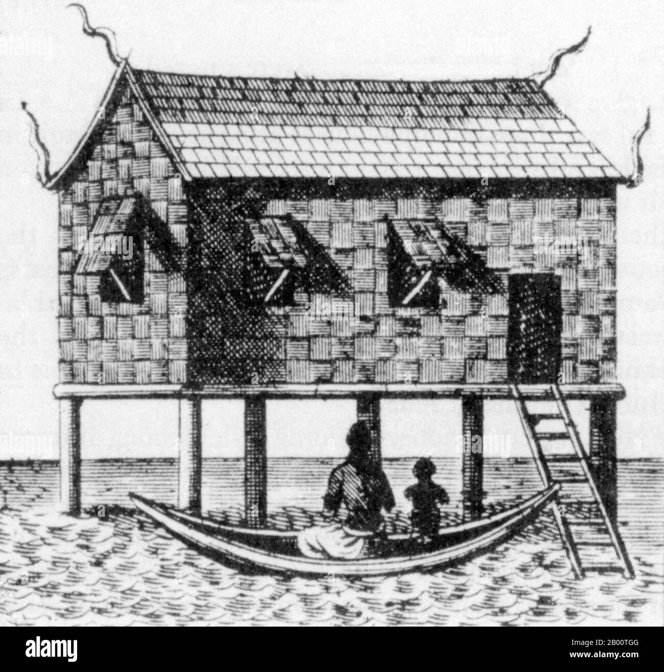 Thailand: Drawing of a simple Siamese house in the wet season, c. 19th century.   Made of rattan and bamboo, the single-room dwelling stands on wooden stilts to avoid the rainfall. The finials on the gables are carved in wood and are in traditional Siamese style.  The Siamese, or Thais, moved from their ancestral home in southern China into mainland Southeast Asia around the 10th century CE. Prior to this, Indianized kingdoms such as the Mon, Khmer and Malay kingdoms ruled the region. The Thais established their own states starting with Sukhothai, Chiang Saen, Chiang Mai and Lanna Kingdom. Stock Photo