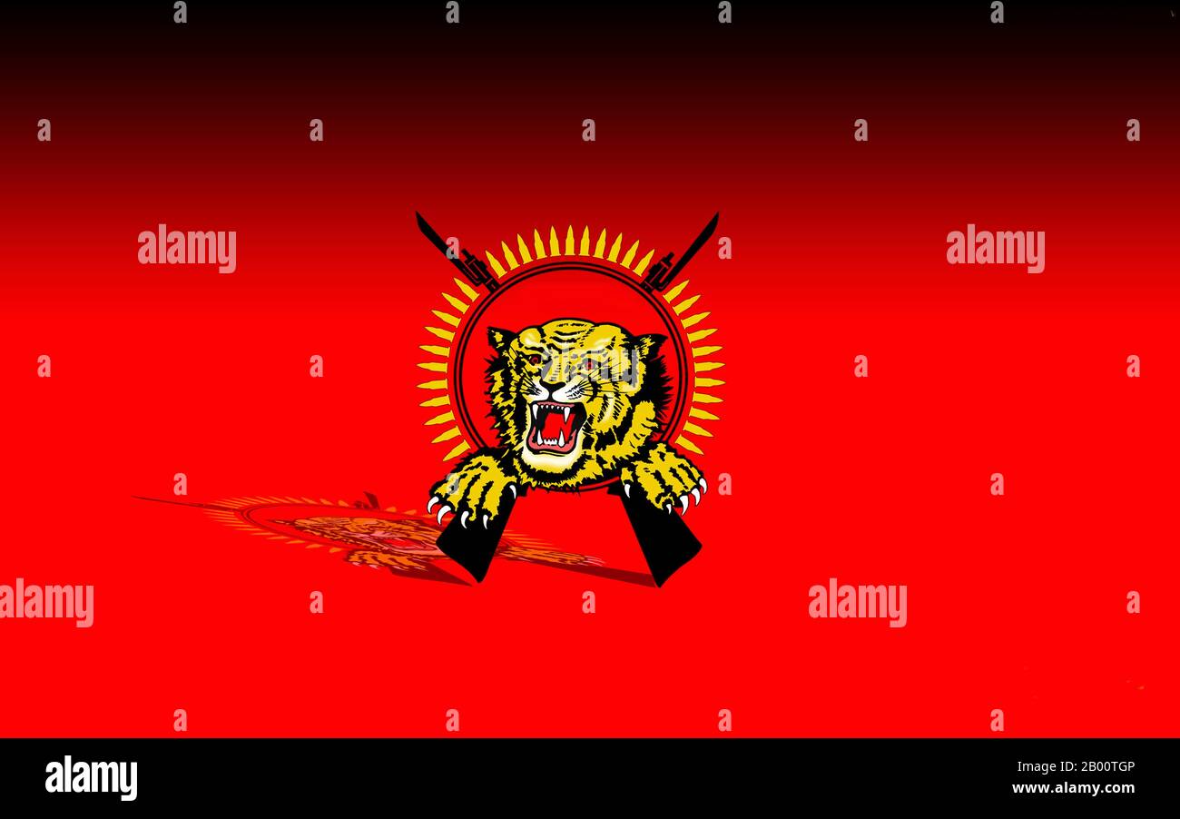 Sri Lanka: Flag of the Liberation Tigers of Tamil Eelam (LTTE).  The Liberation Tigers of Tamil Eelam, commonly known as the LTTE or the Tamil Tigers, is a separatist organization formerly based in northern Sri Lanka. Founded in May 1976 by Velupillai Prabhakaran, it waged a violent secessionist campaign that sought to create Tamil Eelam, an independent state in the north and east of Sri Lanka. This campaign evolved into the Sri Lankan Civil War, which was one of the longest running armed conflicts in Asia until the LTTE was defeated by the Sri Lankan Armed Forces in May 2009. Stock Photo