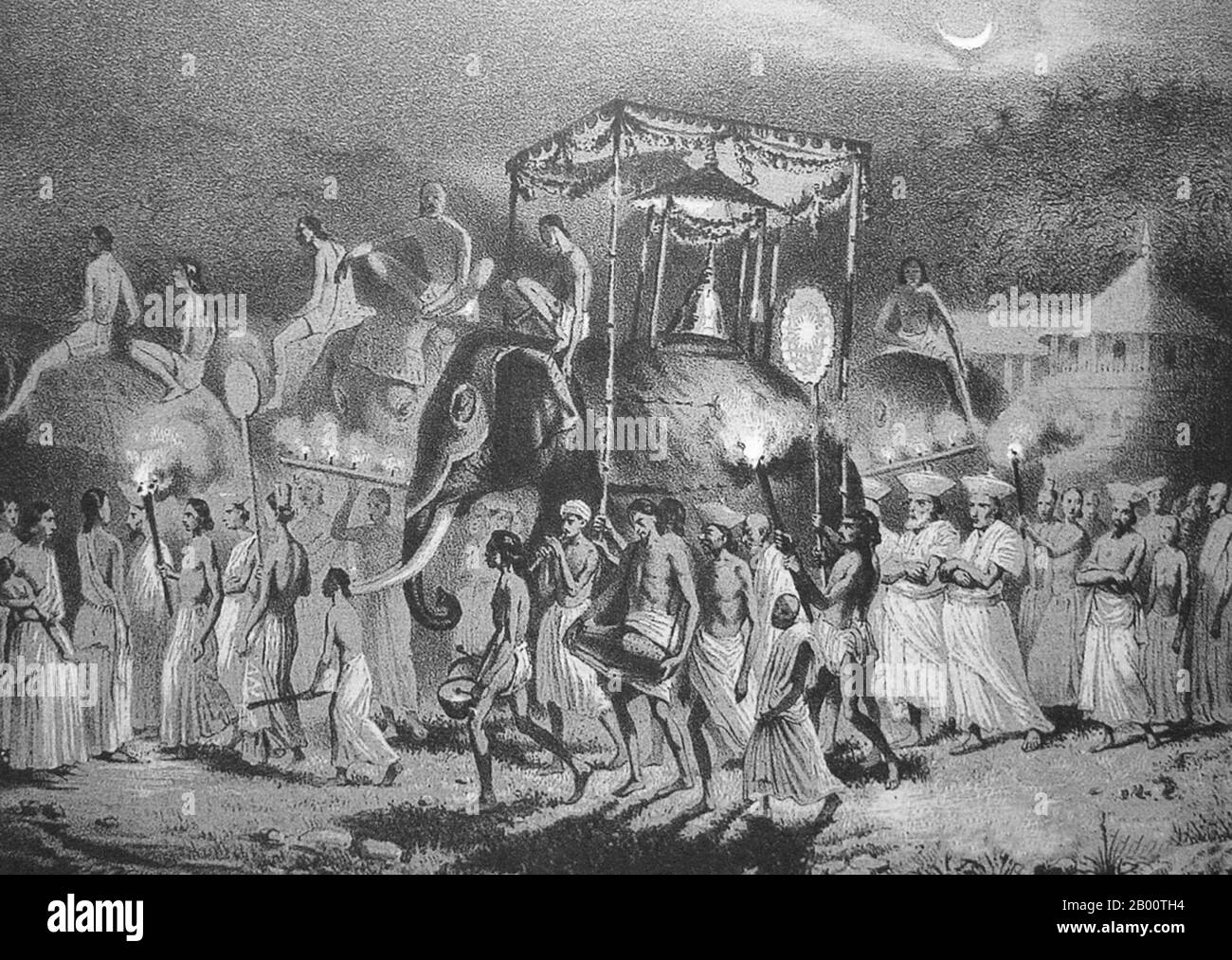 Sri Lanka: Esala Perahera procession by night, Kandy, 1841.  The Esala Perahera or ‘Festival of the Tooth’ held annually in Kandy is believed to be a fusion of two separate but interconnected ‘Perahera’ (Processions), The Esala and Dalada. The Esala Perahera which is thought to date back to the 3rd century BCE, was a ritual enacted to request the gods for rainfall. The Dalada Perahera is believed to have begun when the Sacred Tooth Relic of the Buddha was brought to Sri Lanka from India during the 4th Century CE. Stock Photo