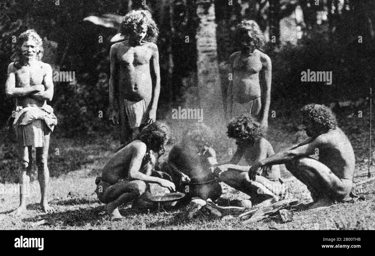 Sri Lanka: A group of four Veddha, late 19th century.  The Wanniyala-Aetto, or 'forest people', more commonly known as Veddas or Veddahs, are an indigenous people of Sri Lanka, an island nation in the Indian Ocean; they were never numerous and are now few in number.  Sri Lanka had always been an important port and trading post in the ancient world, and was increasingly frequented by merchant ships from the Middle East, Persia, Burma, Thailand, Malaysia, Indonesia and other parts of Southeast Asia. The islands were known to the first European explorers of South Asia and settled by many groups. Stock Photo
