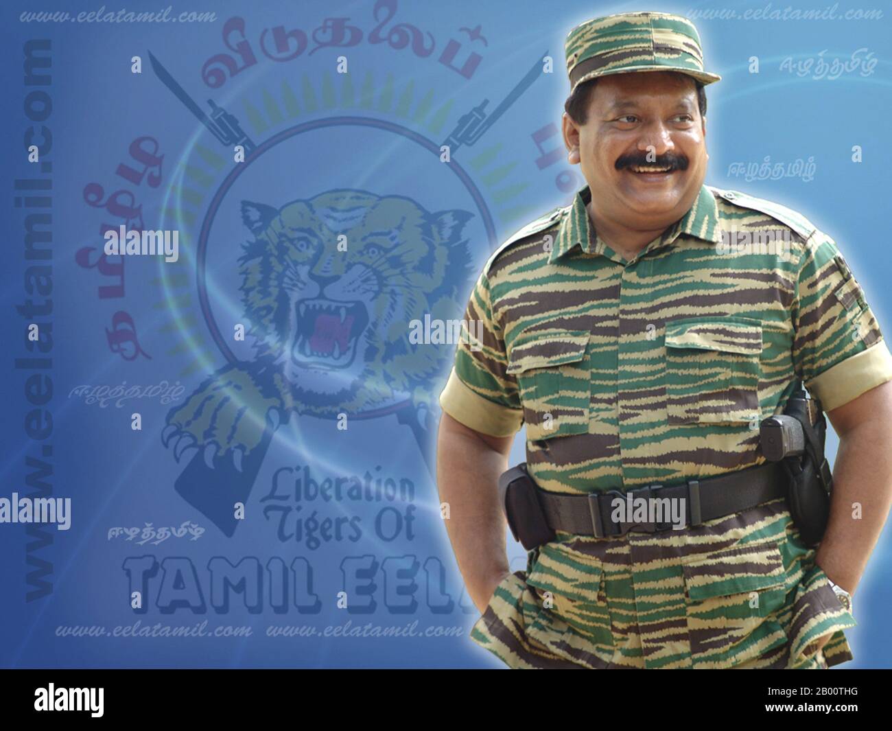 Sri Lanka: Vellupillai Prabhakaran (1954-2009), founder and leader of the Liberation Tigers of Tamil Eelam (LTTE).  The Liberation Tigers of Tamil Eelam, commonly known as the LTTE or the Tamil Tigers, is a separatist organization formerly based in northern Sri Lanka. Founded in May 1976 by Velupillai Prabhakaran, it waged a violent secessionist campaign that sought to create Tamil Eelam, an independent state in the north and east of Sri Lanka. This campaign evolved into the Sri Lankan Civil War, which was one of the longest running armed conflicts in Asia until the LTTE was defeated in 2009. Stock Photo