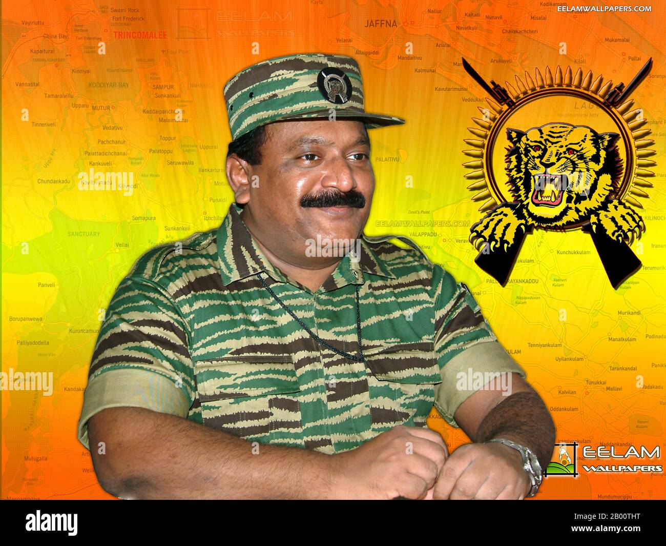 Sri Lanka: Vellupillai Prabhakaran (1954-2009), founder and leader of the Liberation Tigers of Tamil Eelam (LTTE).  The Liberation Tigers of Tamil Eelam, commonly known as the LTTE or the Tamil Tigers, is a separatist organization formerly based in northern Sri Lanka. Founded in May 1976 by Velupillai Prabhakaran, it waged a violent secessionist campaign that sought to create Tamil Eelam, an independent state in the north and east of Sri Lanka. This campaign evolved into the Sri Lankan Civil War, which was one of the longest running armed conflicts in Asia until the LTTE was defeated in 2009. Stock Photo