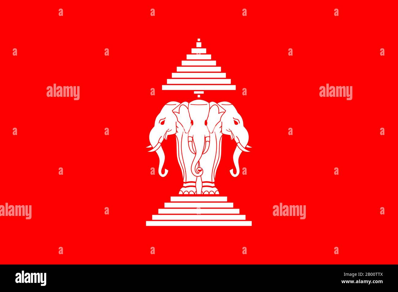Laos: Flag of the Kingdom of Laos (1952-1975).  From 1952 until the fall of the royal government in 1975 the country had a red flag, with a white three-headed elephant (the god Erawan) in the middle. On top of the elephant is a nine-folded umbrella, while the elephant itself stands on a five-level pedestal. The white elephant is a common royal symbol in Southeast Asia, the three heads referred to the three former kingdoms of Vientiane, Luang Prabang, and Champasak which made up the country. The nine-folded umbrella is also a royal symbol, originating from Mt. Meru in the Buddhist cosmology. Stock Photo