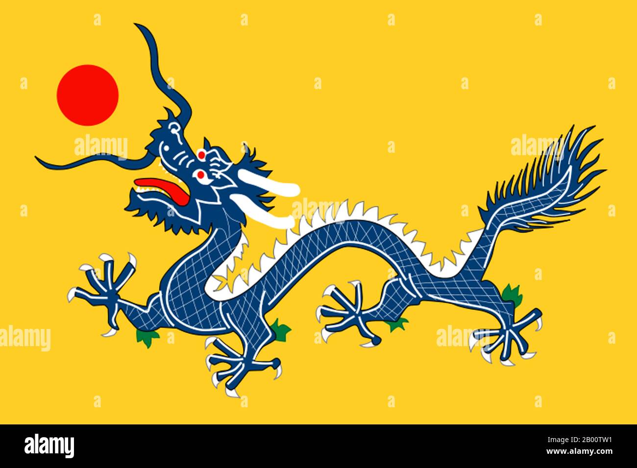 China: Dragon Flag of the Qing Dynasty (1889-1912), 1889.  The Qing Dynasty, also known as the Manchu Dynasty, was the last dynasty of China, ruling from 1644 to 1912 (with a brief, abortive restoration in 1917). It was preceded by the Ming Dynasty and followed by the Republic of China.  The dynasty was founded by the Manchu clan Aisin Gioro in modern northeast China (also known as Manchuria). Starting in 1644 it expanded into China proper and its surrounding territories, establishing the Empire of the Great. Complete pacification of China was accomplished around 1683 under the Kangxi Emperor. Stock Photo