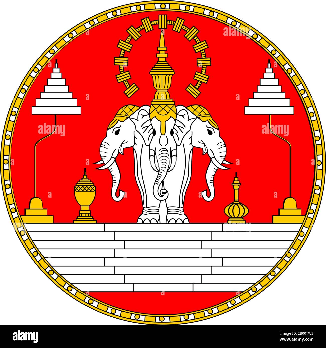 Laos: The Royal Standard of Laos, 1949-1975.  The Royal Lao flag is a three headed elephant referred to as an Erawan. The three headed elephant generally has the layered 'umbrella' over its heads as opposed to one on either side.   The kingdom of Laos existed from the 14th to the 18th centuries, then split into three separate kingdoms. In 1893, it became a French protectorate, with the three kingdoms—Luang Prabang, Vientiane and Champasak—uniting to form what is now known as Laos.  The country briefly gained independence in 1945 after Japanese occupation, but returned to French rule until 1954 Stock Photo