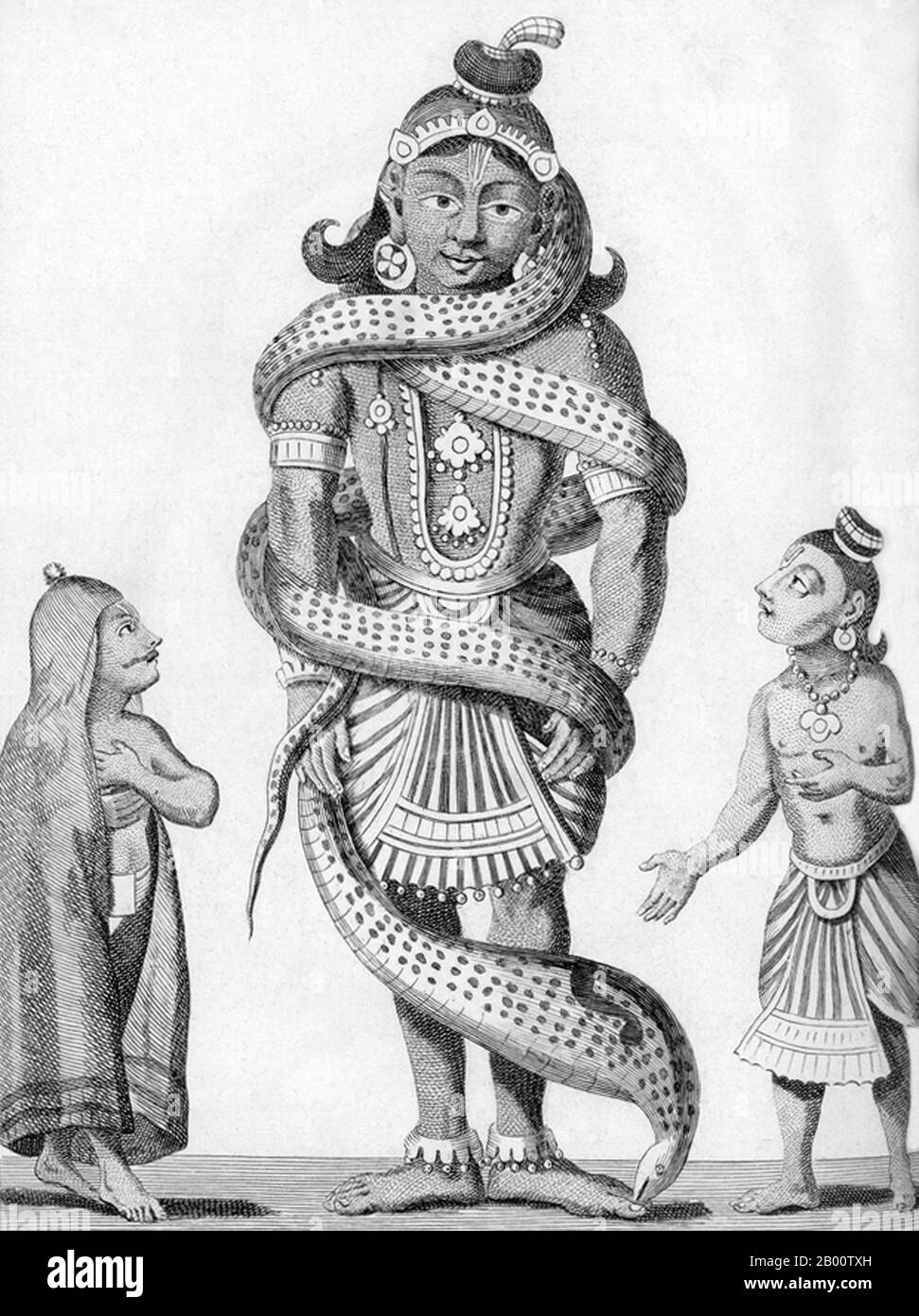 India: 'Krishna Fighting Kalinga (Kaliya) the Serpent. Friends of Krishna look on in Trepidation'. Illustration by Pierre Sonnerat (1748-1814), 1782.  Pierre Sonnerat (1748-1814) was a French naturalist and explorer who made several voyages to southeast Asia between 1769 and 1781. He published this two-volume account of his voyage of 1774-81 in 1782.  Volume 1 deals exclusively with India, whose culture Sonnerat very much admired, and is especially noteworthy for its extended discussion of religion in India, Hinduism in particular. The book contains engravings based on Sonnerat's drawings. Stock Photo