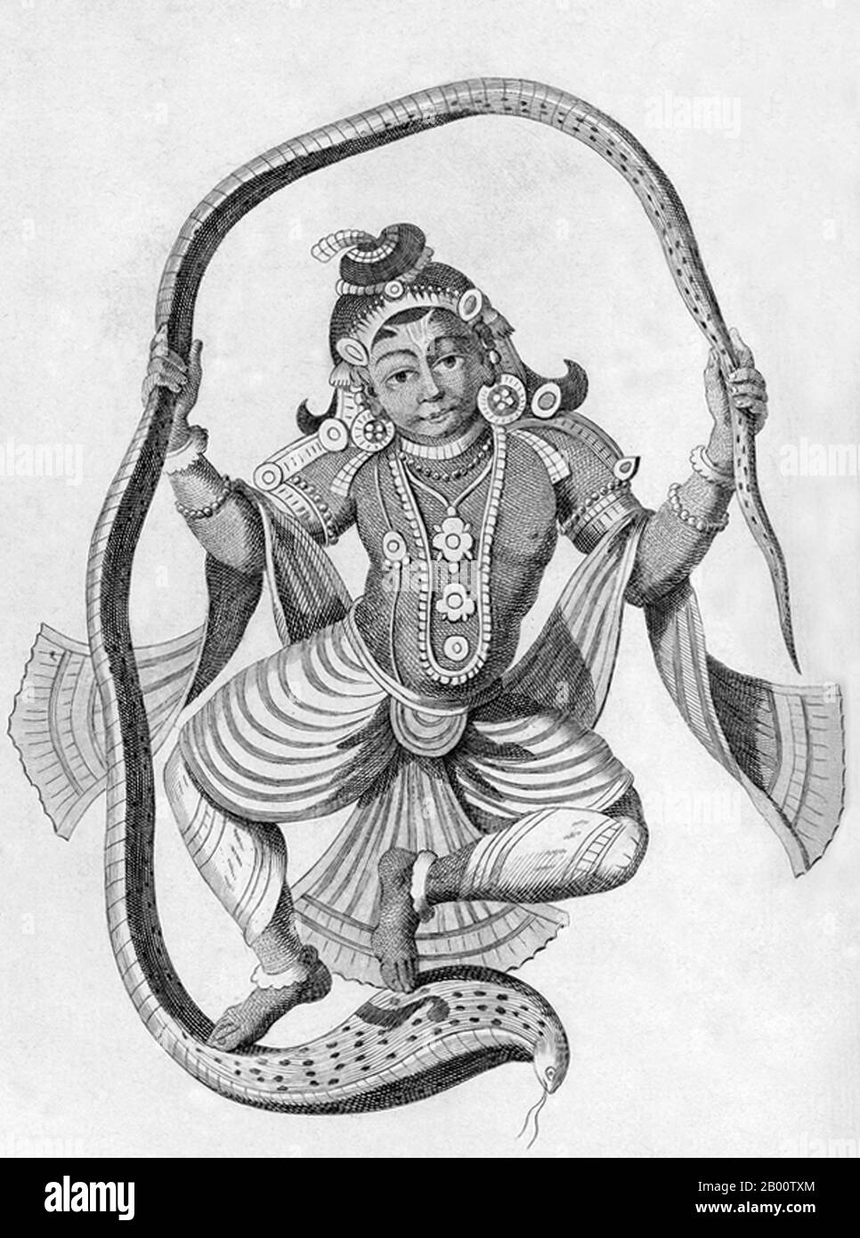 India: 'Krishna Conquering Kalinga (Kaliya) the Serpent'. Illustration by Pierre Sonnerat (1748-1814), 1782.  Pierre Sonnerat (1748-1814) was a French naturalist and explorer who made several voyages to southeast Asia between 1769 and 1781. He published this two-volume account of his voyage of 1774-81 in 1782.  Volume 1 deals exclusively with India, whose culture Sonnerat very much admired, and is especially noteworthy for its extended discussion of religion in India, Hinduism in particular. The book contains engravings based on Sonnerat's drawings. Stock Photo