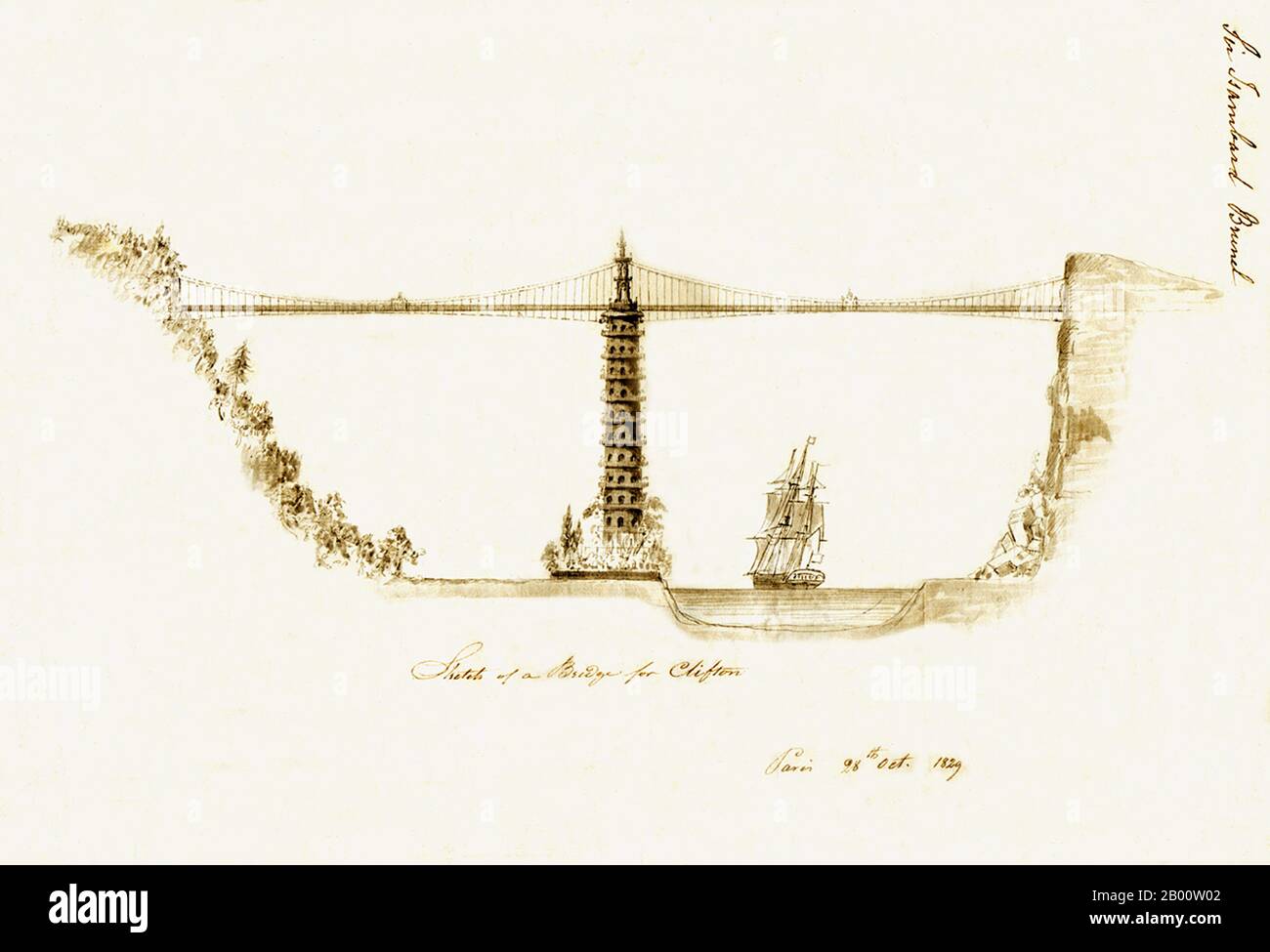 England: A remarkable design for a 'Chinoiserie' bridge across the Avon Gorge at Bristol by Sir Isambard Kingdom Brunel (1806-1859), dated Paris, 28 October 1829.  The Clifton Suspension Bridge was eventually completed in 1864 after Brunel's design, but without the pagoda. Stock Photo