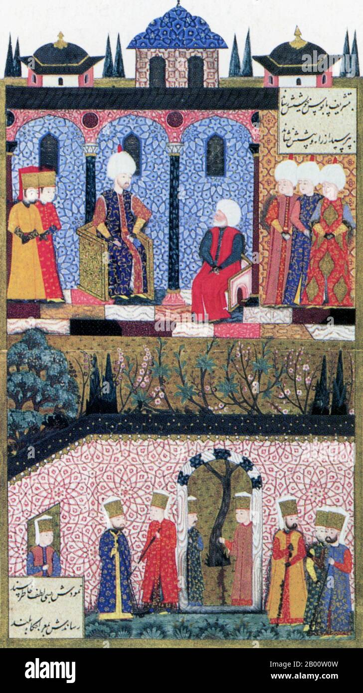 Turkey: 'Sultan Suleyman with Barbaros Hayreddin Pasa', a painting from the illustrated manuscript 'Suleymanname' by Arif Celebi, dated 1558.  Sultan Suleyman I (1494-1566), also known as 'Suleyman the Magnificent' and 'Suleyman the Lawmaker', was the 10th and longest reigning sultan of the Ottoman empire. He personally led his armies to conquer Transylvania, the Caspian, much of the Middle East and the Maghreb. His admiral, Barbaros Hayreddin Pasa, known as 'Barbarossa' or 'Red Beard', commanded a fleet of galleys that dominated the Mediterranean as far as Spain for years. Stock Photo