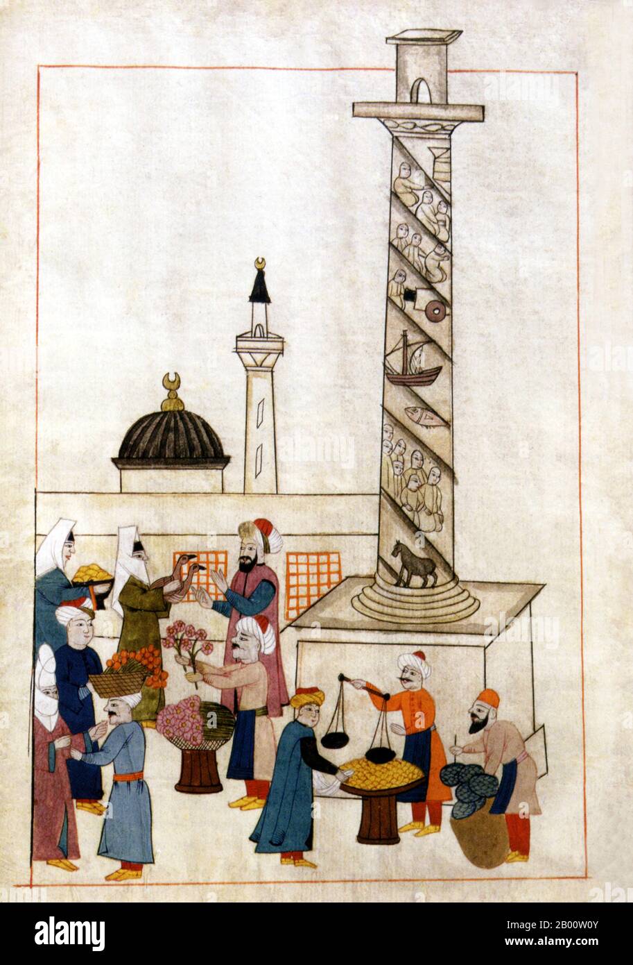 Turkey: An illustration from a 16th-century Ottoman manuscript depicting a scene from the market in Jerrapasha in Constantinople.  Jerrapasha was, at the time, a popular Venetian trading centre. The spiral column in this painting was erected by the Eastern Roman emperor Arcadius in AD 405. Stock Photo