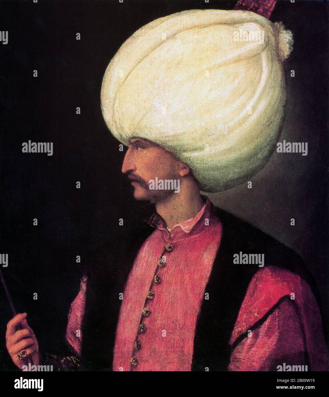 Turkey: A portrait of Suleyman the Magnificent, attributed to the Italian painter Titian (1488/1490-1576), c. 1530.  Sultan Suleyman I (1494-1566), also known as 'Suleyman the Magnificent' and 'Suleyman the Lawmaker', was the 10th and longest reigning sultan of the Ottoman empire. He personally led his armies to conquer Transylvania, the Caspian, much of the Middle East and the Maghreb. He introduced sweeping reforms in Turkish legislation, education, taxation and criminal law, and was highly respected as a poet and a goldsmith. Suleyman also oversaw a golden age in the development of arts. Stock Photo