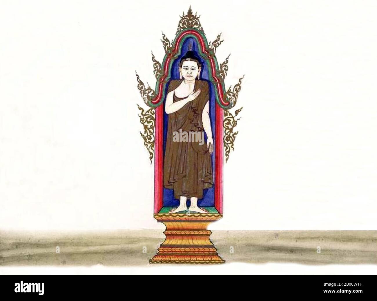 Burma/Myanmar: Gautama Buddha.  This painting, by an unknown Burmese artist, is from a watercolour sketch album dating from c.1897 that includes illustrations of Buddhist monks, the Buddha, monasteries, cremations and domestic scenes.  Legend attributes the first Buddhist doctrine in Burma to 228 BCE when Sohn Uttar Sthavira, one of the royal monks to Emperor Ashoka the Great of India, came to the country with other monks and sacred texts. However, the era of Buddhism truly began in the 11th century after King Anawrahta of Pagan (Bagan) was converted to Theravada Buddhism. Stock Photo