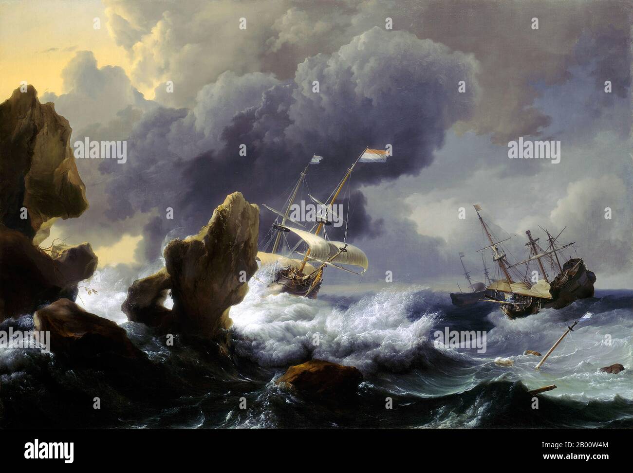 Maritime 'Ships in Distress off a Rocky Coast'. Oil on canvas painting