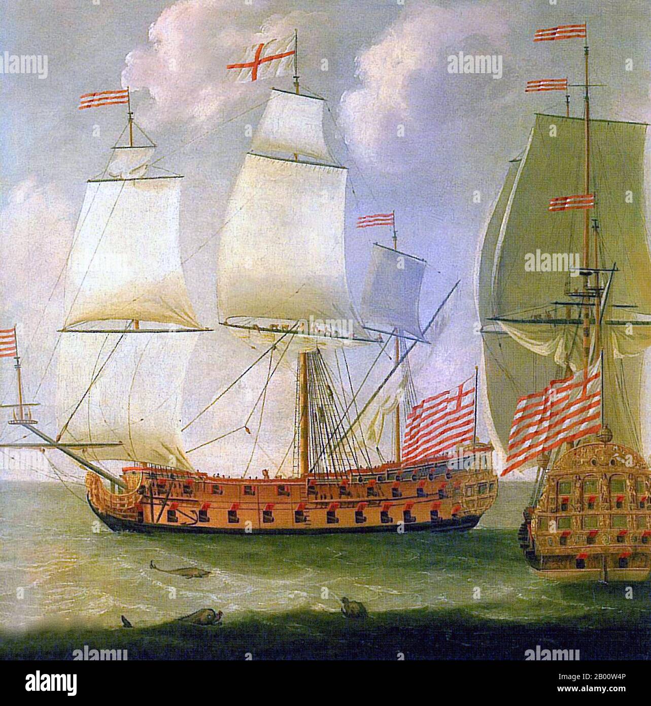 UK: 'Two Views of an East Indiaman of the Time of King William III'. Oil on canvas painting by Isaac Sailmaker (1633-1721), c. 1685.  The East India Company (also known as the East India Trading Company, English East India Company and the British East India Company) was an early English joint-stock company that was formed initially for pursuing trade with the East Indies, but that ended up trading mainly with the Indian subcontinent and China. The oldest among several similarly formed European East India Companies, the Company was granted an English Royal Charter by Elizabeth I in 1600. Stock Photo