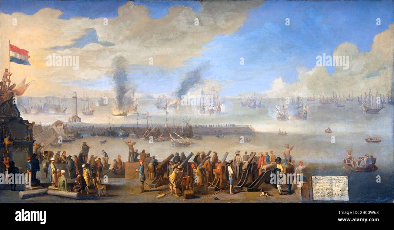 Netherlands/Italy: 'The Naval Battle near Livorno, 14 March 1653: Incident of the First Anglo-Dutch War'. Oil on canvas painting formerly attributed to Johannes Lingelbach (1622-1674), c. 1653-1660.  The naval Battle of Leghorn (the Dutch call the encounter by the Italian name Livorno) took place on 14 March (4 March Old Style) 1653, during the First Anglo-Dutch War, near Leghorn/Livorno, Italy. It was a victory of a Dutch fleet under Commodore Johan van Galen over an English squadron under Captain Henry Appleton. Stock Photo