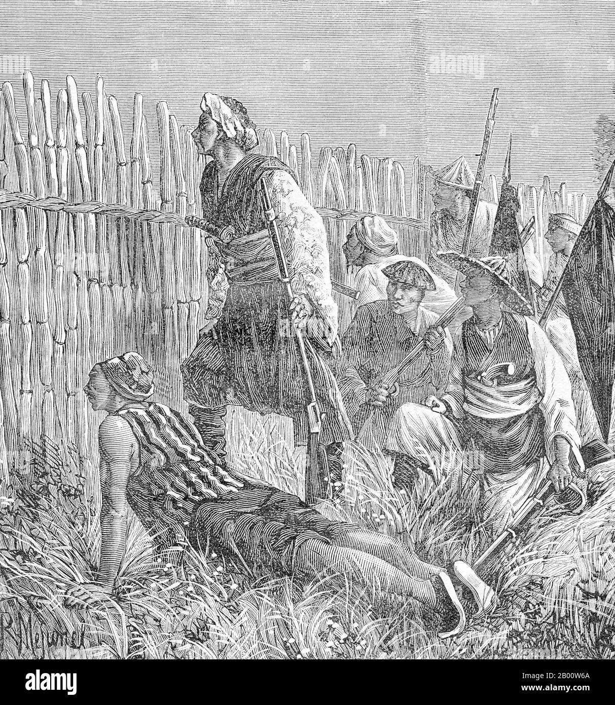 Vietnam: Black Flag soldiers lying in ambush for French colonialists in Tonkin, 1883.  The Black Flag Army (Chinese: Heiqi Jun) was a remnant of a bandit group who may have been former Taiping rebels that crossed the border from Guangxi province of China into Upper Tonkin, in the Empire of Annam (Vietnam) in 1865. They became known mainly for their fights against French forces in cooperation with both Vietnamese and Chinese authorities. The Black Flag Army is so named because of the preference of its commander, Liu Yongfu, for using black command flags. Stock Photo