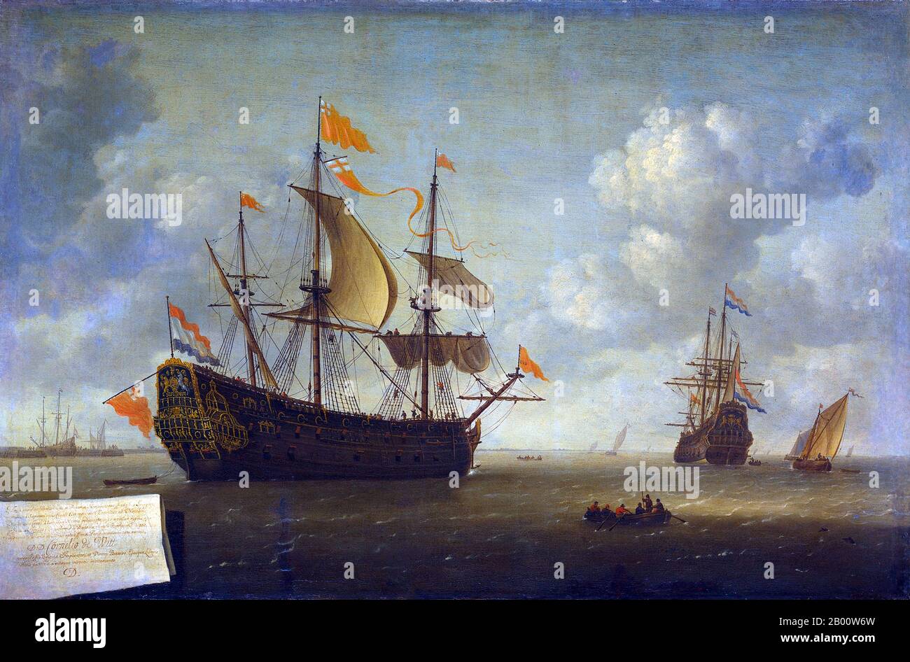 Maritime: 'The Arrival of the Royal Charles'. Oil on canvas painting by Jeronymus van Diest II (1631-1687), 1667.  The Raid on the Medway, sometimes called the Battle of Medway or the Battle of Chatham, was a successful Dutch attack on the largest English naval ships, laid up in the dockyards of their main naval base Chatham, that took place in June 1667 during the Second Anglo-Dutch War. The Dutch, under nominal command of Lieutenant-Admiral Michiel de Ruyter, bombarded and then captured the town of Sheerness, sailed up the River Thames to Gravesend, then up the River Medway to Chatham. Stock Photo