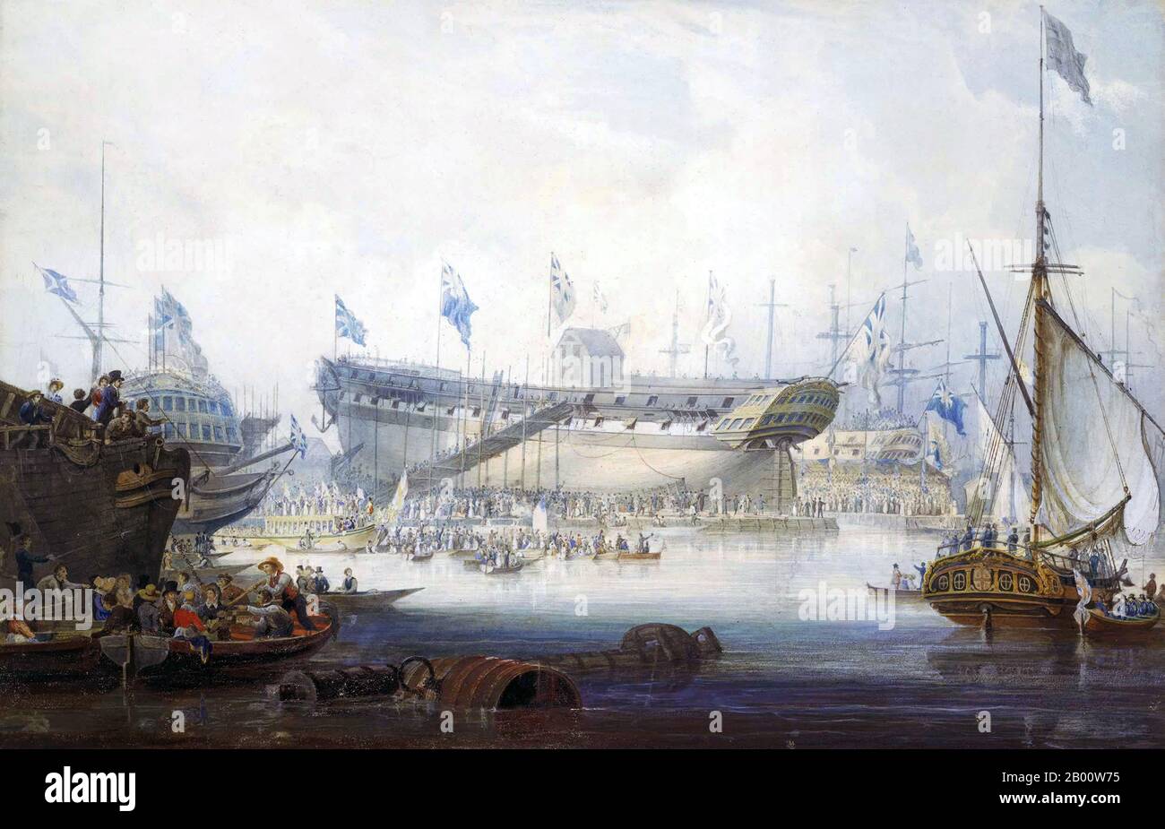 Maritime: 'The launch of the Honourable East India Company ship 'Edinburgh''. Watercolour painting by William John Huggins (1781-1845), c. 1825.  William John Huggins (1781 - 19 May 1845) was a British marine painter who spent time as an ordinary seaman, making one voyage to India and China  betwen December 1812 and August 1814 on an East Indiaman. He drew various ships and landscapes during his voyage, and eventually became a professional artist after settling in London, working for the East India Company. Huggins won royal patronage for his work. Stock Photo