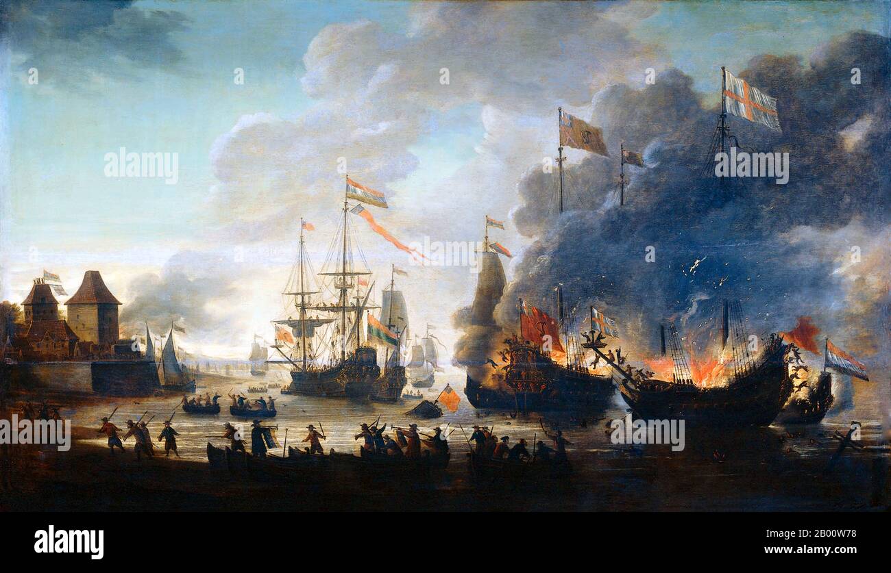 Maritime: 'The Dutch Burning English Ships during the Raid on the Medway, 20 June 1667'. Oil on panel painting by Jan Van Leyden (fl. 1661-1693), c. 1667-1669.  The Raid on the Medway, sometimes called the Battle of Medway or the Battle of Chatham, was a successful Dutch attack on the largest English naval ships, laid up in the dockyards of their main naval base Chatham, that took place in June 1667 during the Second Anglo-Dutch War. The Dutch burnt three capital ships and ten lesser naval vessels at Chatham, towing away the Unity and the Royal Charles, flagship of the English fleet. Stock Photo