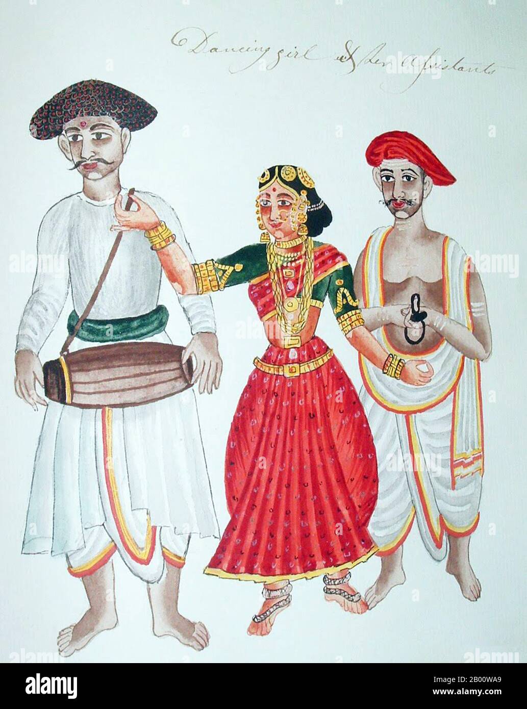 India: A Dancing Girl and her assistants - watercolour painting from South India, 19th century. Stock Photo