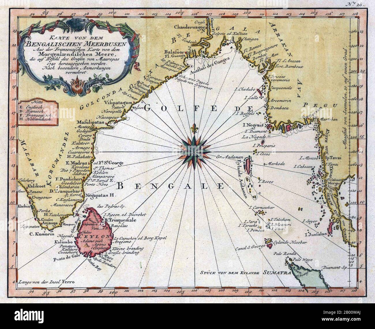 Bay of Bengal: Map of the 'Golfe de Bengal' and its shipping ports, including the Coromandel Coast, by Jacques-Nicolas Bellin (1703-1772), c. 1747.  The southeastern coastline of India, known as the Coromandel Coast, was home to three Portuguese settlements by late 1530 at Nagapattinam, São Tomé de Meliapore, and Pulicat. Later, in the 17th and 18th centuries, the Coromandel Coast was the scene of rivalries among European powers for control of the India trade and the 'Spice Trade'. Stock Photo