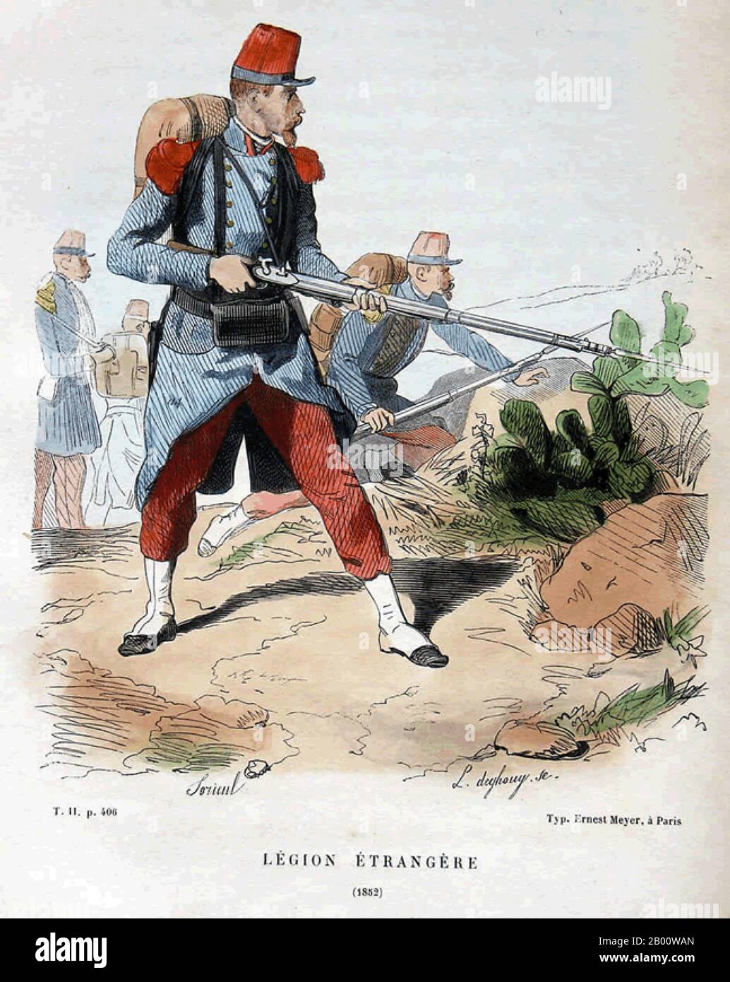 France: Soldiers of the French Foreign Legion. Illustration by Jean Sorieul (1825-1871), 1852.  The French Foreign Legion (French: Legion etrangere) is a unique military unit in the French Army established in 1831. The legion was specifically created for foreign nationals wishing to serve in the French Armed Forces, but commanded by French officers. However, it is also open to French  citizens, who amounted to 24% of the recruits as of 2007. The Legion is today known as an elite military unit whose training focuses not only on traditional military skills but also on its strong esprit de corps. Stock Photo