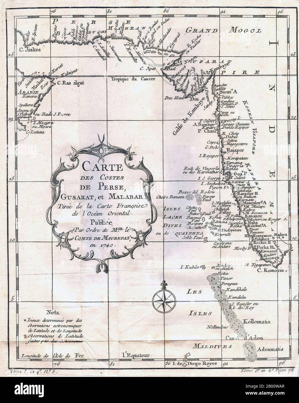 Indian Ocean: A map of the Coasts of Persia, Gujarat and Malabar, by Jacques-Nicolas Bellin (1703-1772), 1740. Stock Photo