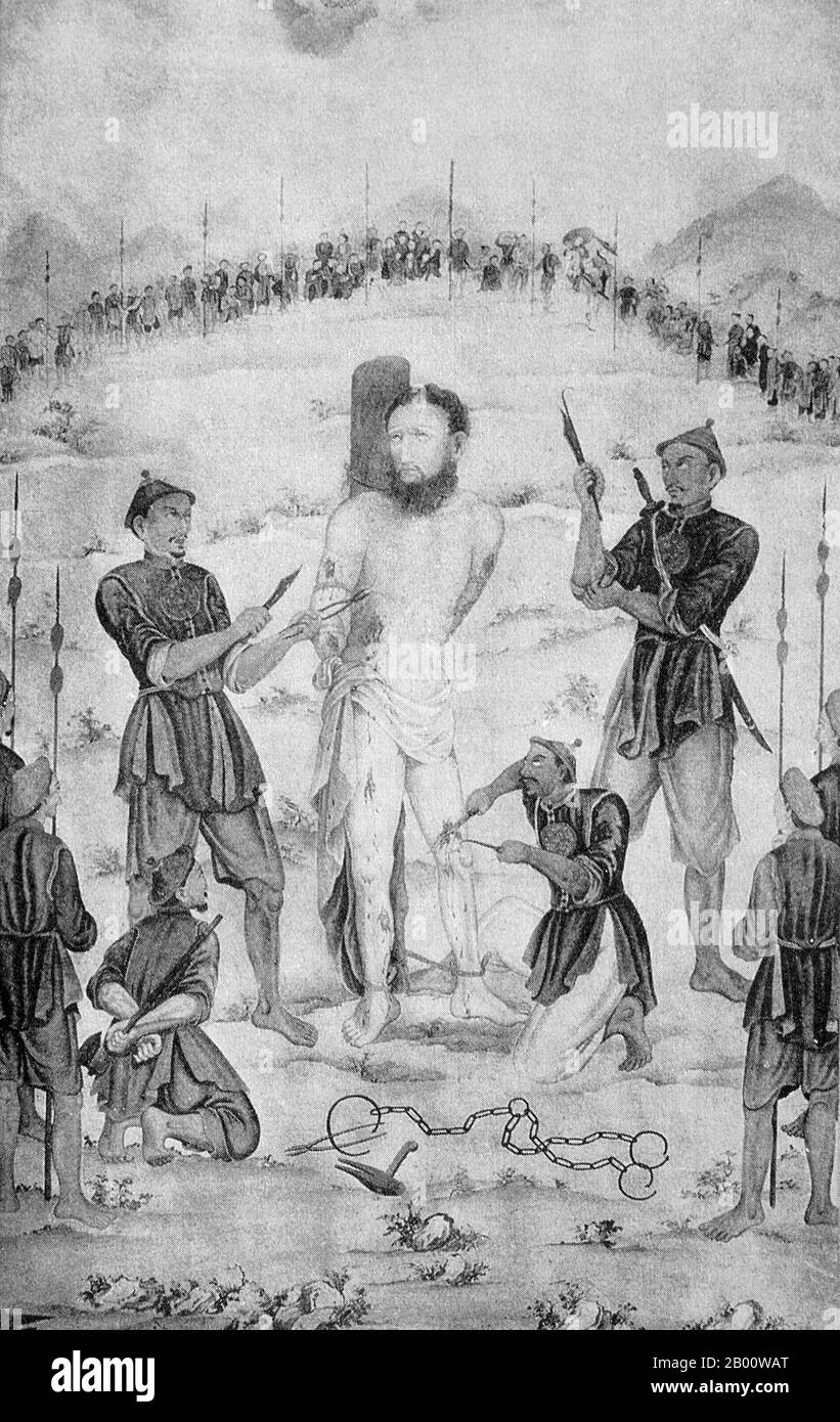 Vietnam: The martyrdom of Father Marchand (1803 - 1835), a French Catholic missionary, 1835.  Joseph Marchand (August 17, 1803 – November 30, 1835) was a French missionary in Vietnam, and a member of the Paris Foreign Missions Society.  Marchand was born in Passavant, in the Doubs department of France. In 1833, he joined the Lê Văn Khôi revolt by Lê Văn Khôi, son of the late governor of southern Vietnam Lê Văn Duyệt. Khoi and Marchand vowed to overthrow Emperor Minh Mạng and replace him with My Duong, the son of Minh Mạng's late elder brother Nguyễn Phúc Cảnh, who were both Catholics. Stock Photo