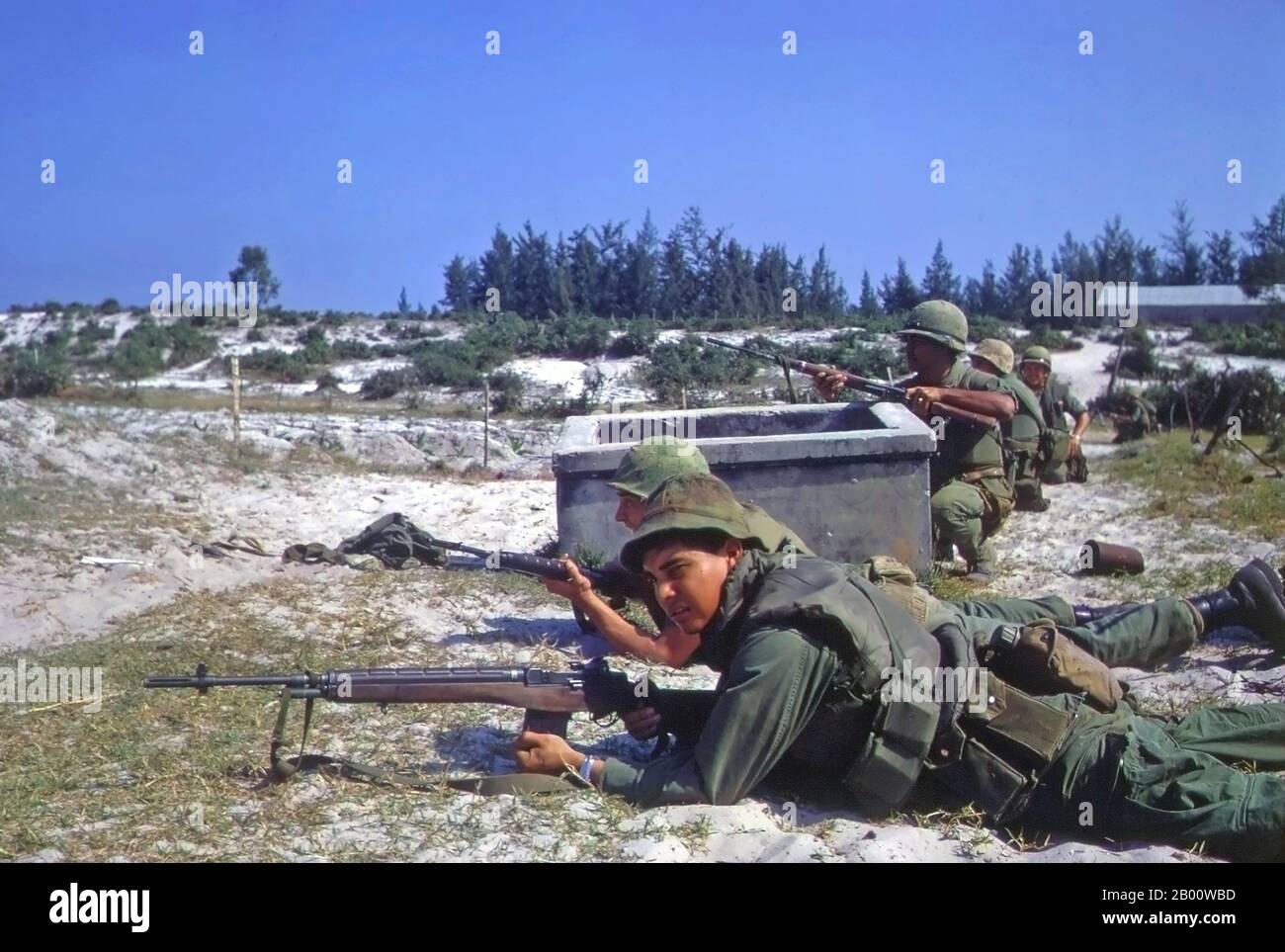Vietnam: Hue, Tet Offensive, U.S. Marines battle in Hamo village, 1968.  The Second Indochina War, known in America as the Vietnam War, was a Cold War era military conflict that occurred in Vietnam, Laos, and Cambodia from 1 November 1955 to the fall of Saigon on 30 April 1975. This war followed the First Indochina War and was fought between North Vietnam, supported by its communist allies, and the government of South Vietnam, supported by the U.S. and other anti-communist nations. Stock Photo