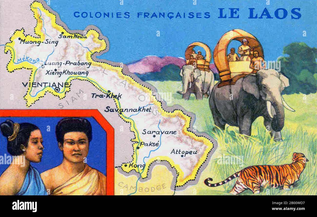Laos: 'Colonies Francaises le Laos': Postcard from the colonial period of Indochine Francaise/French Indochina.  The First Indochina War (also known as the French Indochina War, Anti-French War, Franco-Vietnamese War, Franco-Vietminh War, Indochina War, Dirty War in France, and Anti-French Resistance War in contemporary Vietnam) was fought in French Indochina from December 19, 1946, until August 1, 1954, between the French Union's French Far East Expeditionary Corps, led by France and supported by Emperor Bảo Đại's Vietnamese National Army against the Việt Minh, led by Hồ Chí Minh. Stock Photo