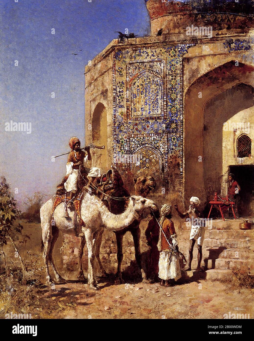 India: 'The Old Blue-Tiled Mosque, outside Delhi, India'. Oil on canvas painting by Edwin Lord Weeks (1849-1903), c. 1885.  Edwin Lord Weeks (1849 – 1903), American artist and Orientalist, was born at Boston, Massachusetts, in 1849. He was a pupil of Léon Bonnat and of Jean-Léon Gérôme, at Paris. He made many voyages to the East, and was distinguished as a painter of oriental scenes.  Weeks' parents were affluent spice and tea merchants from Newton, a suburb of Boston and as such they were able to accept, probably encourage, and certainly finance their son's youthful interest in painting. Stock Photo