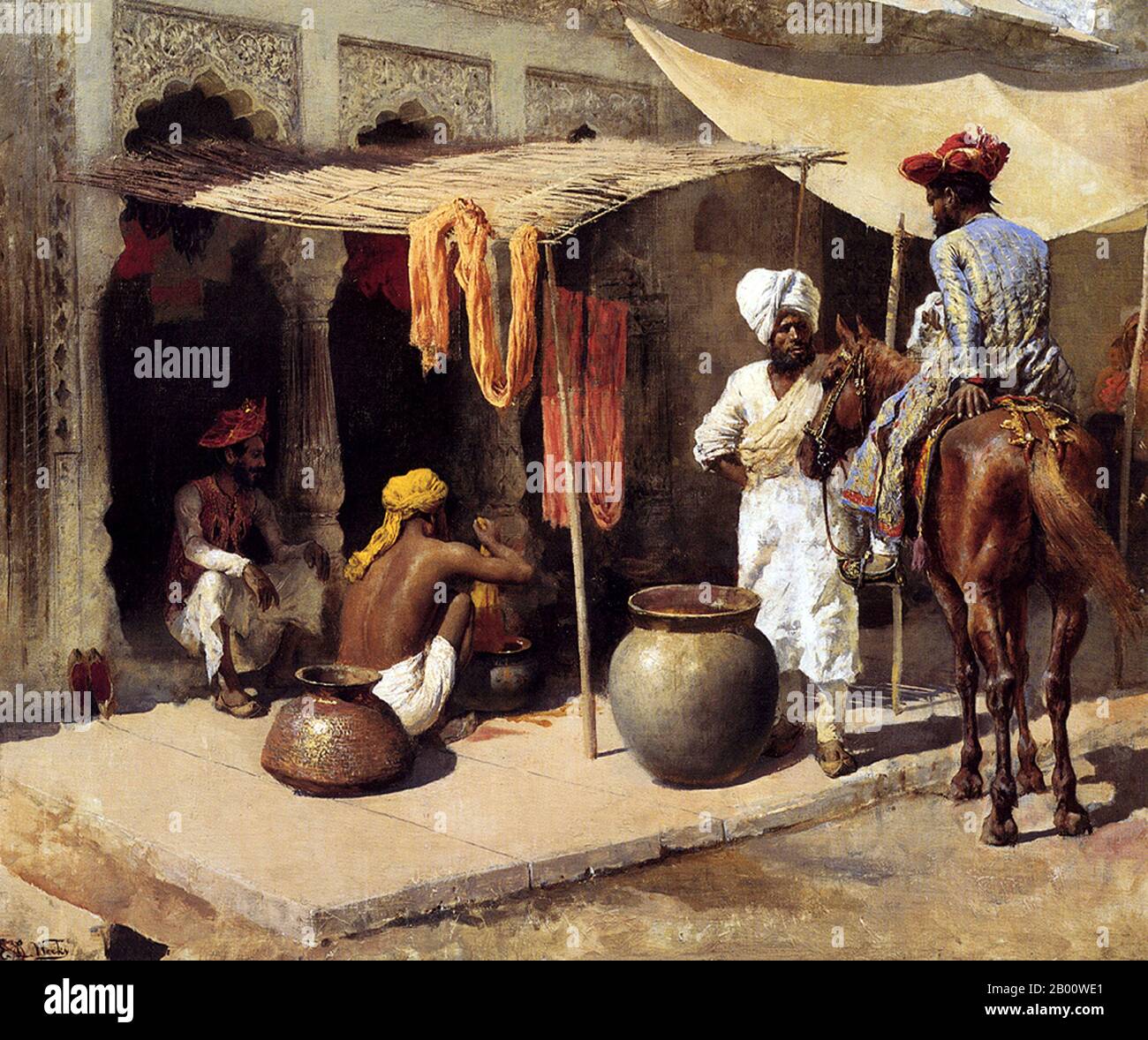 India: 'Outside an Indian Dye House'. Oil on canvas painting by Edwin Lord Weeks (1849-1903), c. 1885.  Edwin Lord Weeks (1849 – 1903), American artist and Orientalist, was born at Boston, Massachusetts, in 1849. He was a pupil of Léon Bonnat and of Jean-Léon Gérôme, at Paris. He made many voyages to the East, and was distinguished as a painter of oriental scenes.  Weeks' parents were affluent spice and tea merchants from Newton, a suburb of Boston and as such they were able to accept, probably encourage, and certainly finance their son's youthful interest in painting and travelling. Stock Photo