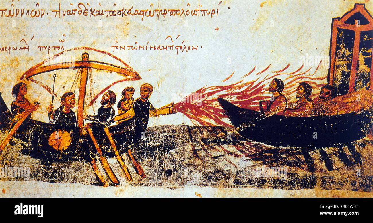 Turkey: Image from the Skylitzes manuscript in Madrid, showing Greek fire in use against the fleet of the Byzantine rebel Thomas the Slav, c. 820 CE.  The Madrid Skylitzes is a heavily illustrated illuminated manuscript of the Synopsis of Histories by John Skylitzes, which covers the reigns of the Byzantine emperors from the death of Nicephorus I in 811 to the deposition of Michael IV in 1057. The manuscript was produced in Sicily in the 12th century, and is now at the Biblioteca Nacional de Espana in Madrid, so is known as the Madrid Skylitzes. Stock Photo