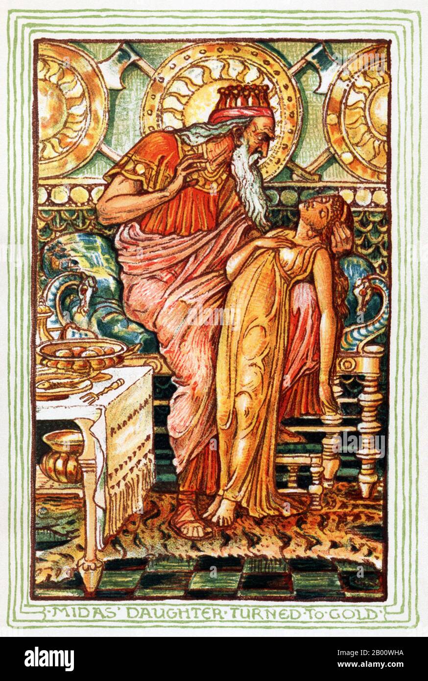 Greece: King Midas' touch turns his daughter to gold. Illustration by Walter Crane (1845-1915), 1893.  An illustration from an 1893 version of 'A Wonder Book for Boys and Girls' by Nathaniel Hawthorne, which recounted the tale of King Midas. In Greek mythology, Midas was given ability to turn everything he touched into gold by the god Dionysus. However, he soon discovered that he was unable to even eat. Dionysus told him to wash in the river Pactolus, and the power flowed in the river, which was supposedly the reason for why the river was so rich in gold in later years. Stock Photo