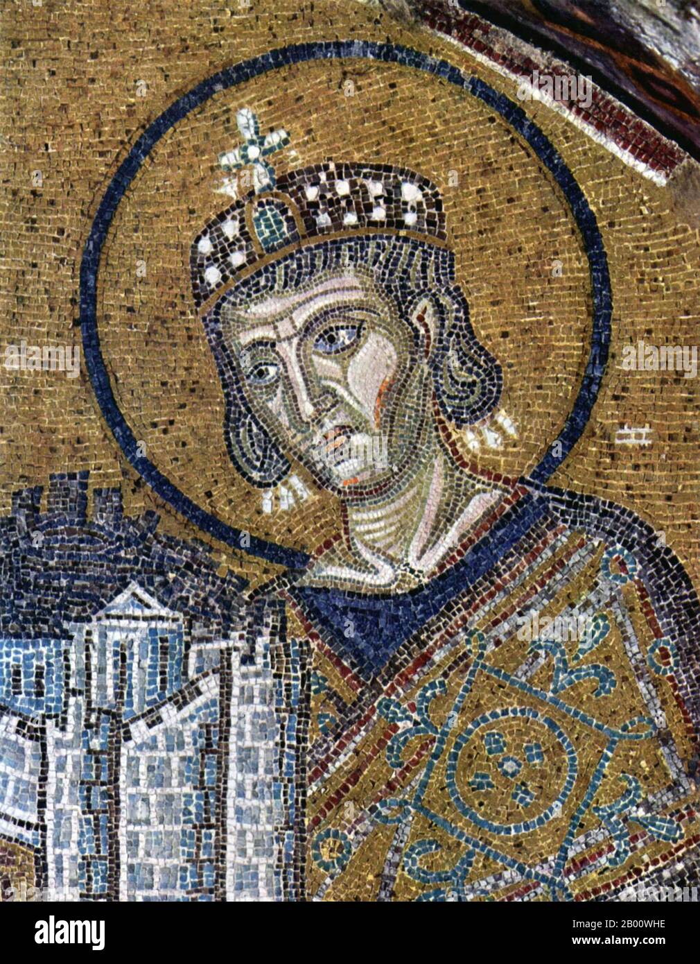 Turkey: Emperor Constantine I with a model of the city of Byzantium. Detail of a mosaic in the Hagia Sophia, c. 1000 CE. Stock Photo
