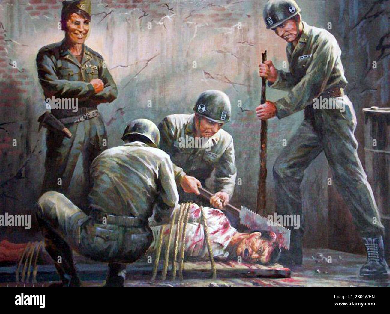 Korea: A depiction of putative US war crimes during the Korean War (1950-1953) on display at the Sinchon-Ri Museum, North Korea (DPRK).  At the beginning of the Korean War in 1950 the town of Sinchon in North Korea was allegedly the site of a massacre of civilians by occupying U.S forces. North Korean sources claim the number of civilians killed over the 52-day period at over 35000 people; equivalent to one-fourth the county's population at the time. The North Korean government has operated the Sinchon Museum of American War Atrocities in Sinchon Town since 1958, displaying relics and remains. Stock Photo