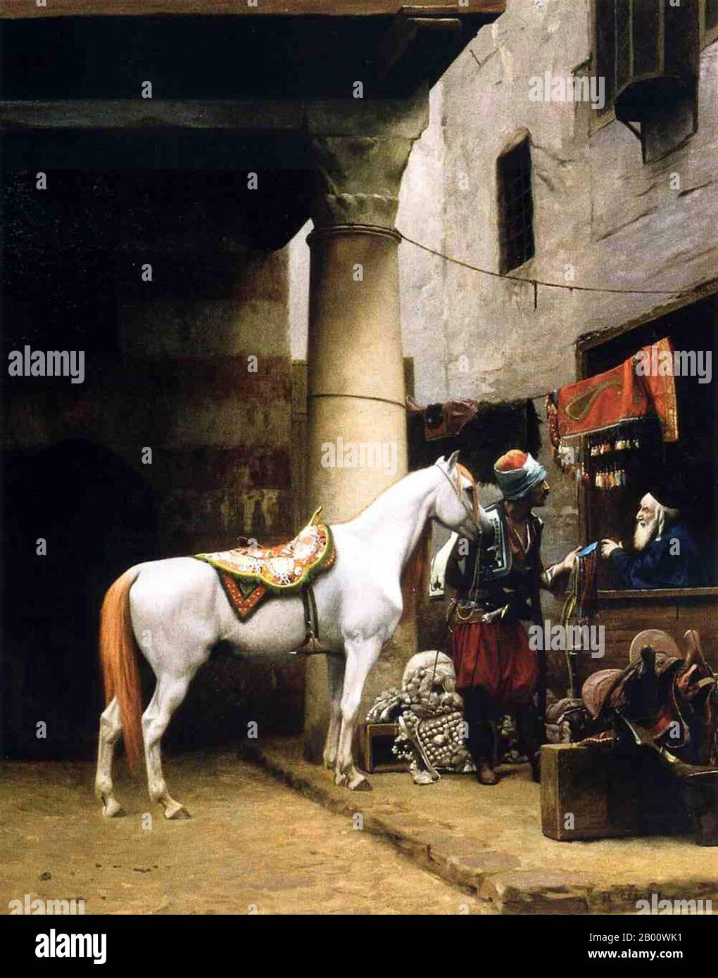 Egypt: 'The Saddle Bazaar, Cairo'. Oil on canvas painting by Jean-Leon Gerome (1824-1904), 1883.  Jean-Léon Gérôme (11 May 1824 – 10 January 1904) was a French painter and sculptor in the style now known as Academicism. The range of his oeuvre included historical painting, Greek mythology, Orientalism, portraits and other subjects, bringing the Academic painting tradition to an artistic climax. Stock Photo